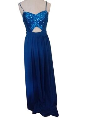 B Darlin Royal Blue Sequin Chiffon Cutout Formal Maxi Dress Size 3/4
